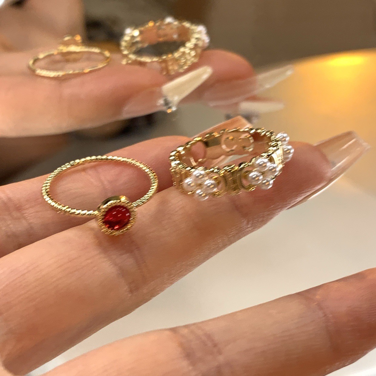 Anillo de circonita de perlas de viento ins, nicho femenino, sentido de alta gama, simple y ligero, anillo de novia de lujo, anillo de apertura de temperamento al por mayor