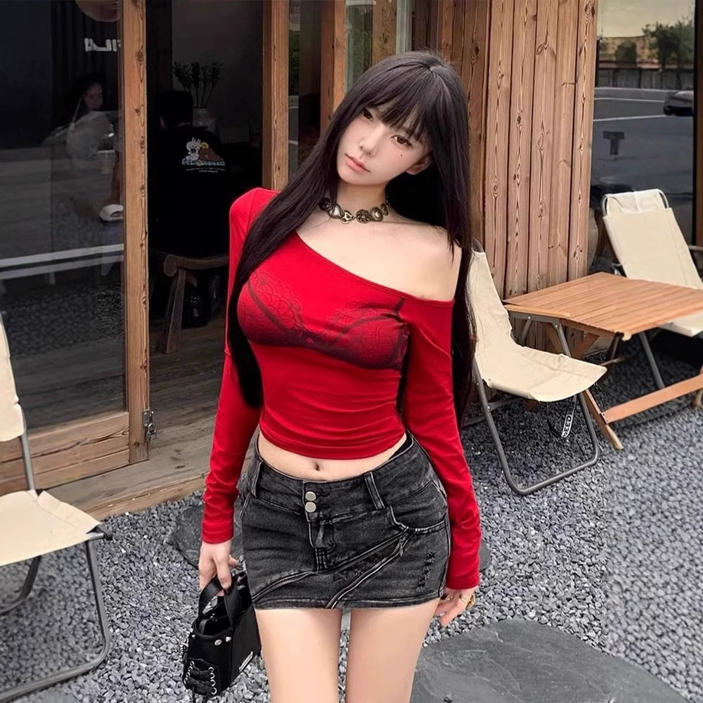 Американская сексуальная красная косая рубашка с длинными рукавами