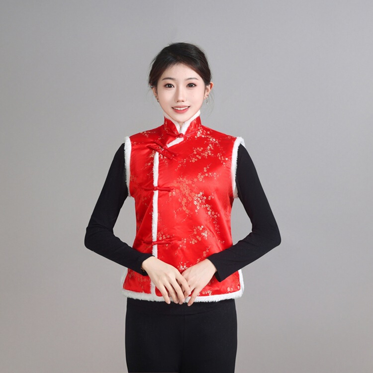 New Year's Day Christmas Photo-Taking Festive Cashier Supermarket Work Clothes Women's Tang Suit Winter Cotton Vest Chinese Style Vest Red New Year's Day Christmas Photo-Taking Festive Cashier Supermarket Work Clothes Women's Tang Suit Winter Cotton Vest Chinese Style Vest Red