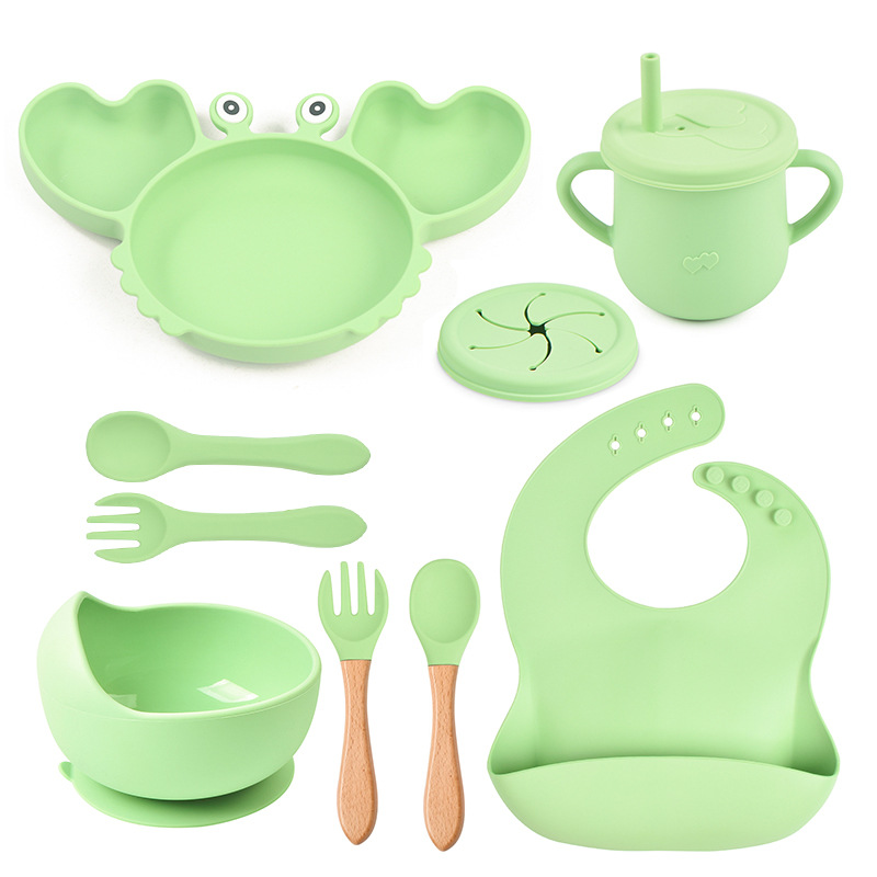 Set de vajilla para bebé de silicona de 9 piezas - Plato con forma de cangrejo, babero, plato dividido, cuchara, tenedor, taza