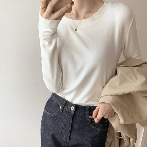 Women's Base Layer Top, Duvet Fabric, Autumn/Winter Season, Slim-Fit Inner Wear, Casual Student Style, Girl's Round-Neck Long-Sleeve T-Shirt