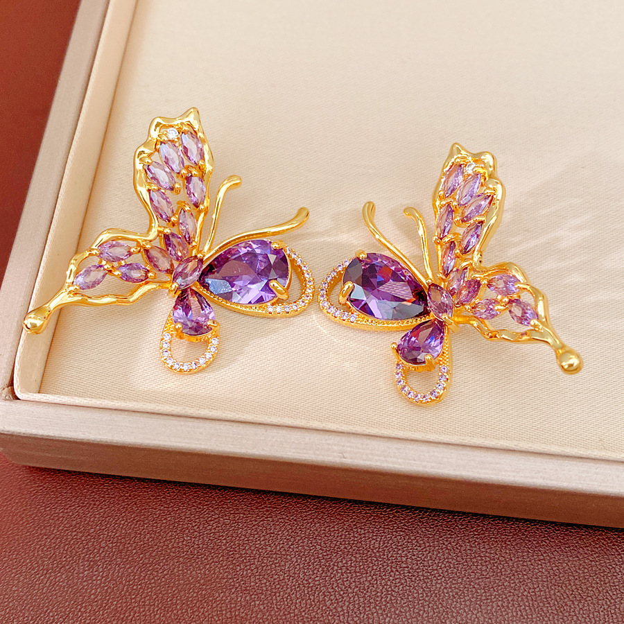 Oro verdadero electron-combustible mariposa de piedra pernos de orejas temperamento exquisito personalidad nicho pendientes ligero lujo conjunto de joyas de alta calidad