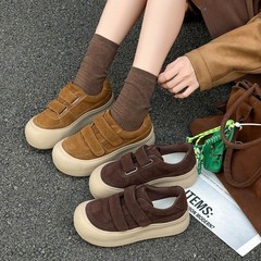 真皮魔术贴丑萌面包板鞋女2025秋新款舒适百搭厚底增高时尚休闲鞋