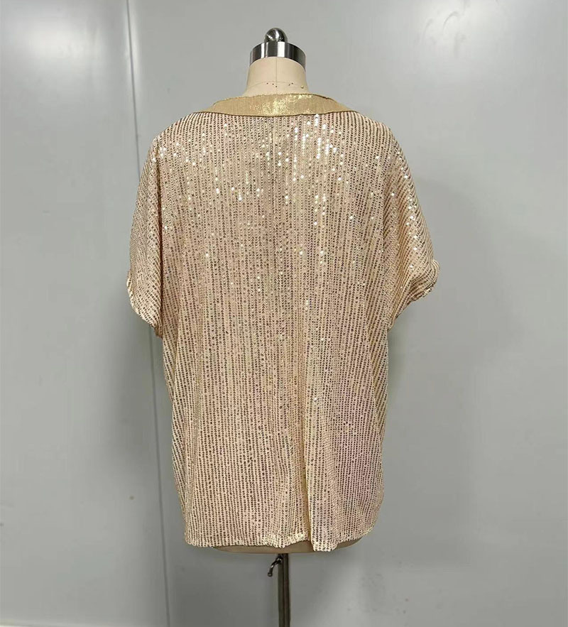 Camicia donna con paillettes scollo a v manica corta top largo_voghion.com