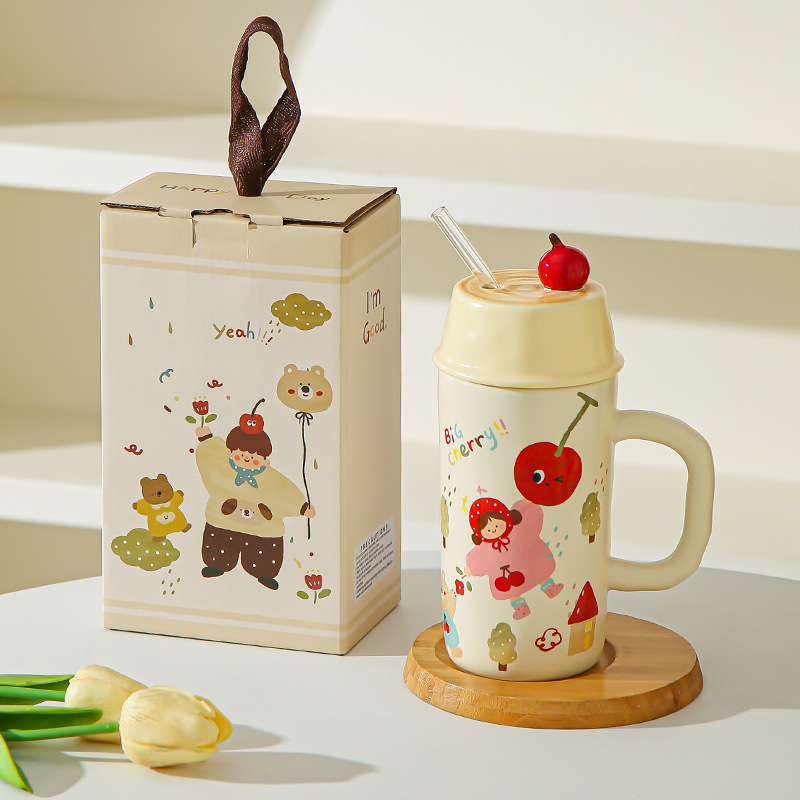 Caricatura creativa para niños y niñas tazas de cerámica con cubierta de paja para parejas tazas de agua taza de leche taza de desayuno regalo