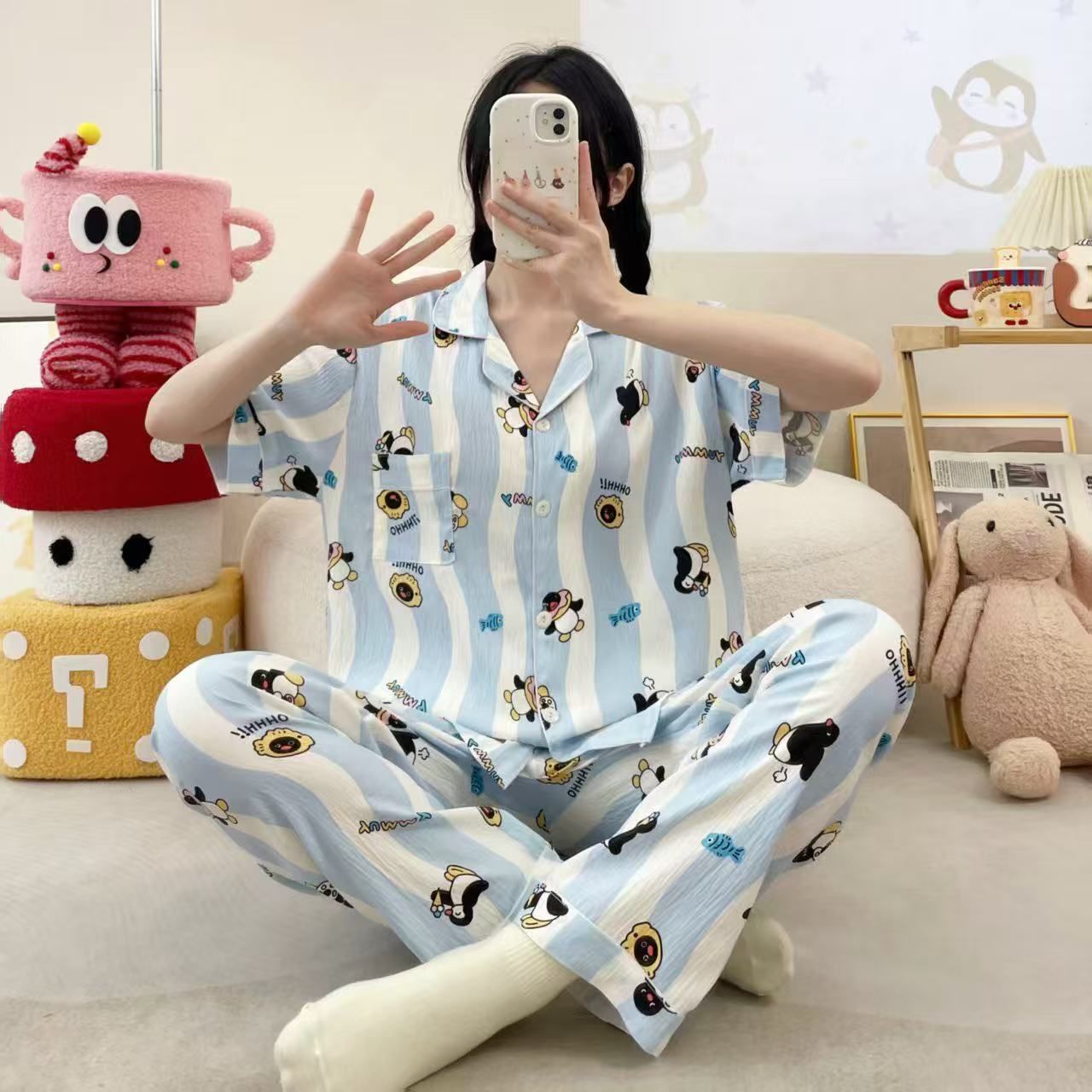 Venta al por mayor transfronteriza de una variedad de pijamas para mujer verano nueva nube cárdigan de gasa de algodón pantalones de manga corta lindo traje de servicio a domicilio