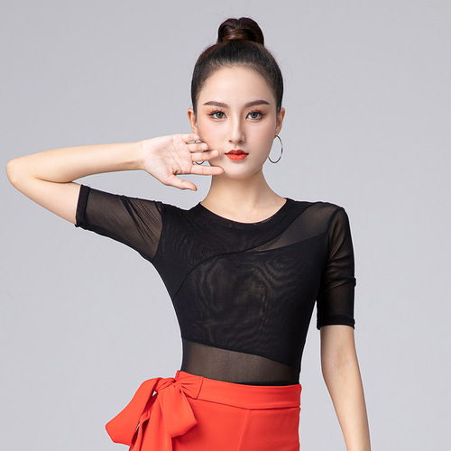 Latin dance clothes tops for women with crotchless new dance clothes mesh national standard body practice clothes with mid-sleeves