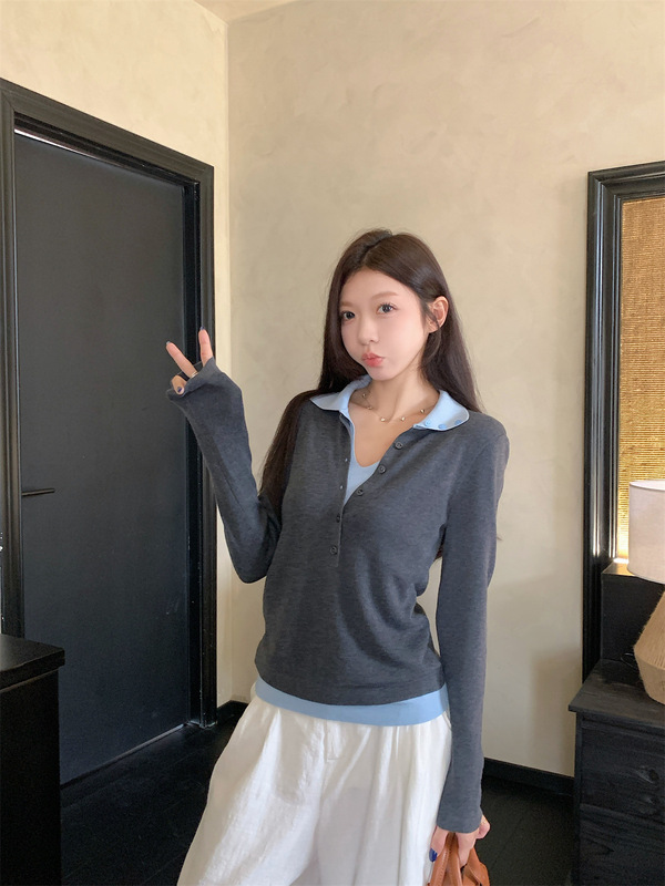 好物2025秋季韩版撞色假两件安迪绒polo领纽扣长袖针织衫毛衣女装|undefined