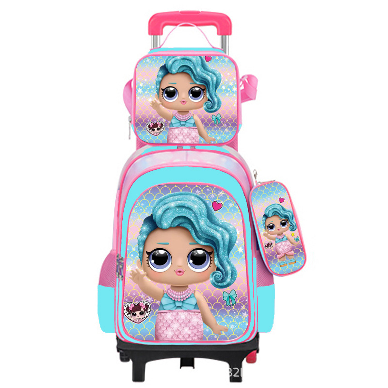 Suministro directo de fábrica, mochila escolar con barra de ruedas para niños, juego de tres piezas, protección de la columna para estudiantes de primaria, reducción de carga, mochila universal de dos ruedas y seis ruedas