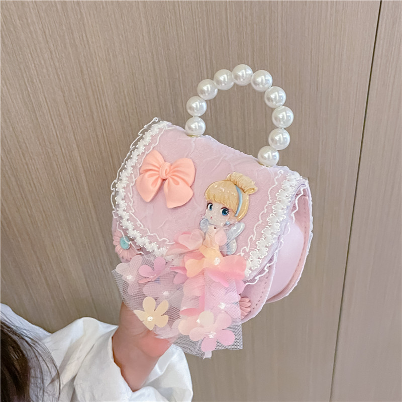 2022 nuevas niñas bolso de perlas de dibujos animados lindo arco princesa bolso de hombro estilo occidental encaje pequeño bolso de hombro