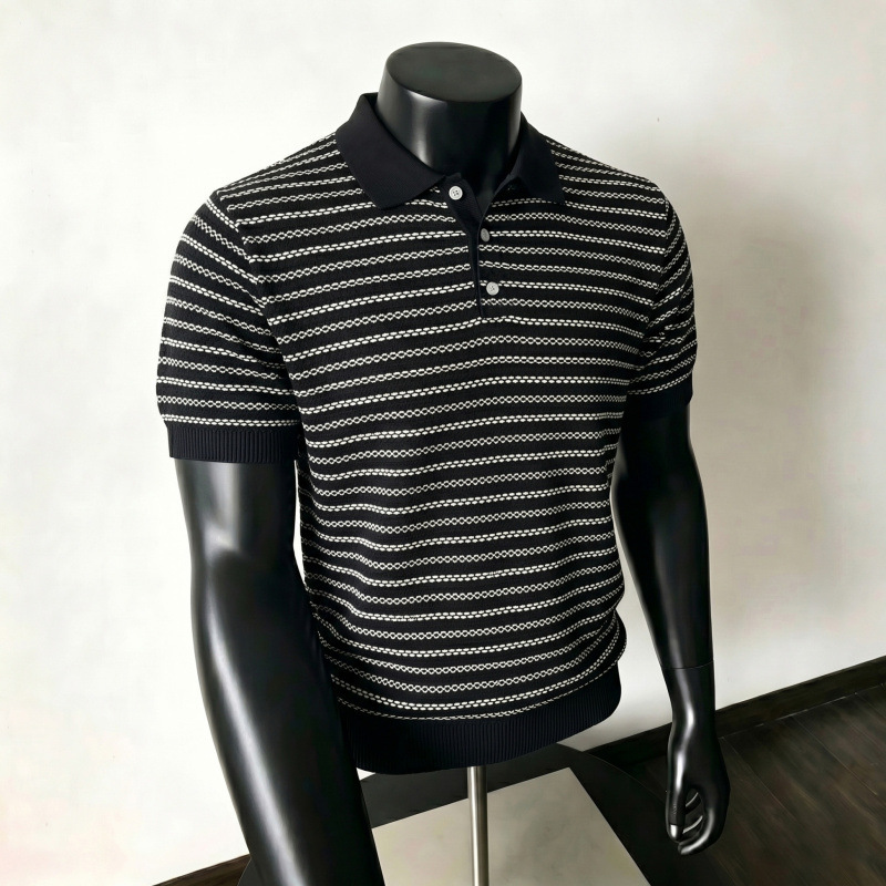 Ice Silk Cool Knit Shirt for Men, High-End Style, Striped Short-Sleeve, Summer Fashion Casual Polo Ice Silk Cool Knit Shirt for Men, High-End Style, Striped Short-Sleeve, Summer Fashion Casual Polo