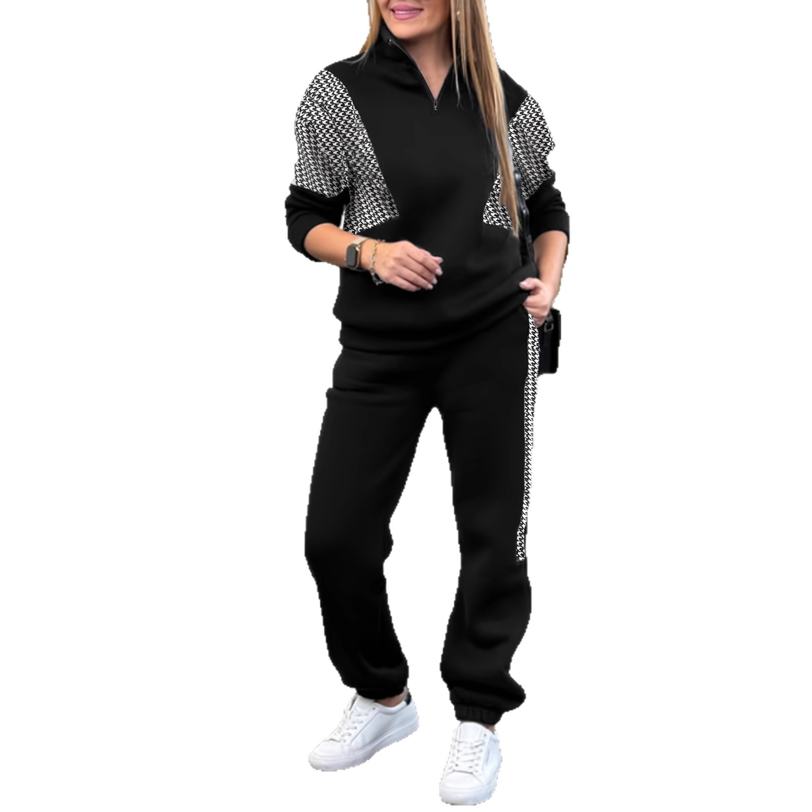 Damen-Set aus farblich abgesetztem, fleecegefüttertem Hoodie und Jogginghose, lässiges Loungewear-Zweiteiler-Outfit für Herbst und Winter_voghion.com