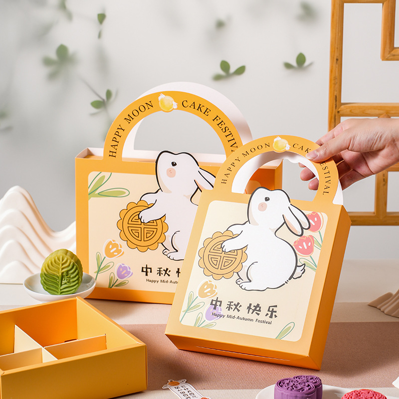 Happy Mid-Autumn Cute Conejo 4 / 6 Caja de regalo de pastel de luna de piel de hielo, caja de mayo portátil, caja vacía