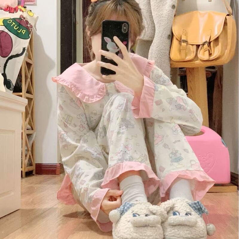 甜美卡通小兔子睡衣女春秋季长袖长裤ins套装美少女可外穿家居服|undefined
