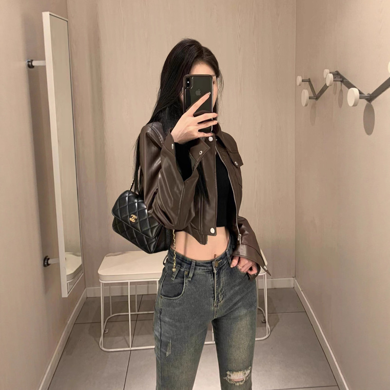 美式复古甜酷辣妹风咖色皮衣外套2025秋装新款设计感机车夹克上衣|undefined