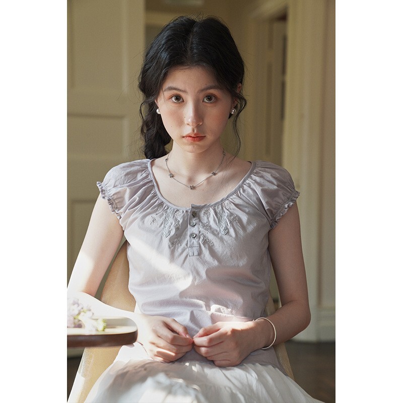One Ment Vi Six-In-One French Embroidered Lace Collar Short Shirt Round Neck Short-Sleeved Shirt Top for Women