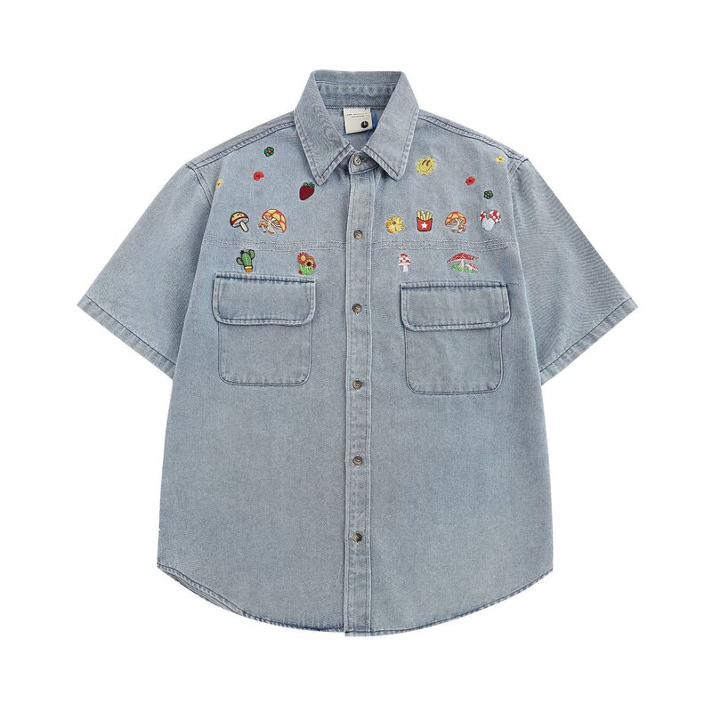Summer Trendy Brand Denim Short-sleeved Shirt for Men and Women Neutral Style Loose Design Retro Embroidered Couple Casual Shirt