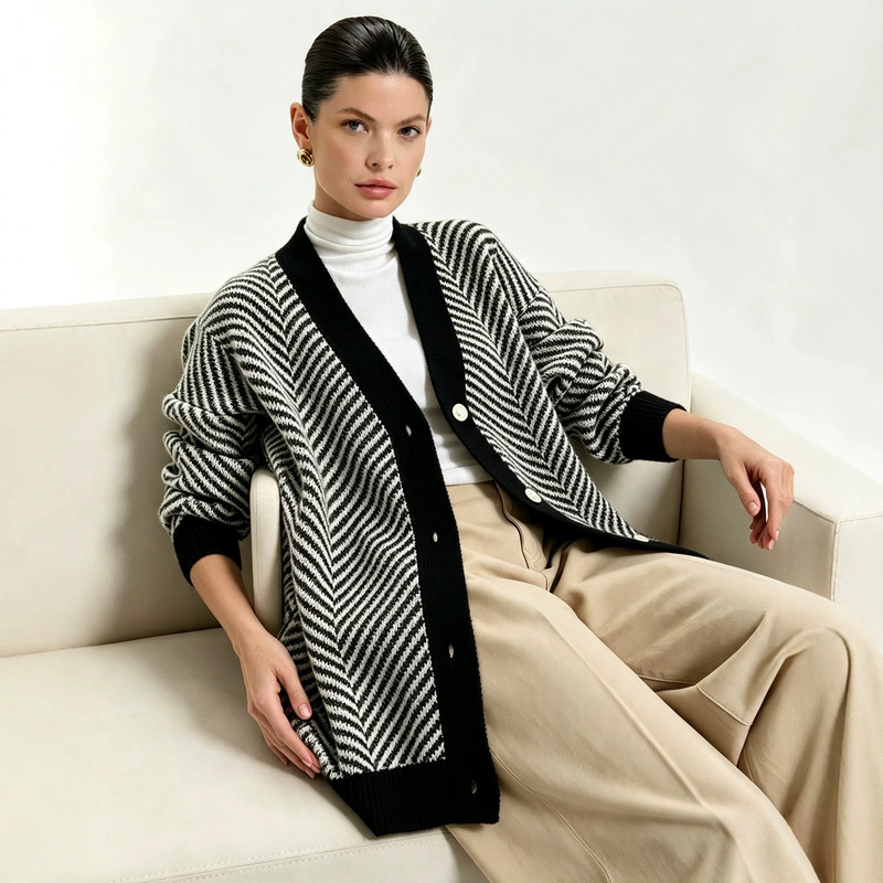 European and American Style Black and White Herringbone V-Neck Knitted Cardigan for Women, Loose Fit, Color-Blocking Top, Single-Breasted Ribbed Sweater Coat European and American Style Black and White Herringbone V-Neck Knitted Cardigan for Women, Loose Fit, Color-Blocking Top, Single-Breasted Ribbed Sweater Coat