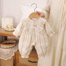 秋款暮光花园双层连体衣满月外出服婴儿衣服保暖幼儿宝宝米色蝴蝶