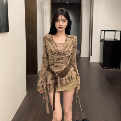 美式假两件荡领荷叶边长袖T恤女秋季设计感配皮带修身衬衫上衣