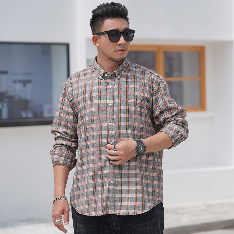 plus size Men's Long-sleeved Shirt Autumn and Winter New Fat Brother Plus Large Business Flannel Yarn-dyed Scrub Paid Shirt