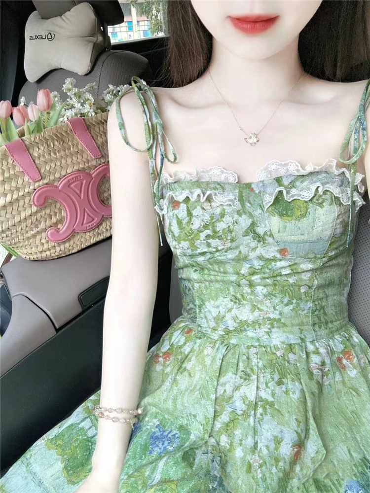 Đầm dây in họa tiết tranh sơn dầu trà chiều chất liệu chiffon Pháp dáng suông — màu xanh lá cây chi tiết 3