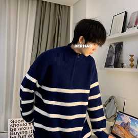 2023秋冬季毛衣男装宽松大码休闲条纹外穿半高领针织衫潮百搭针织