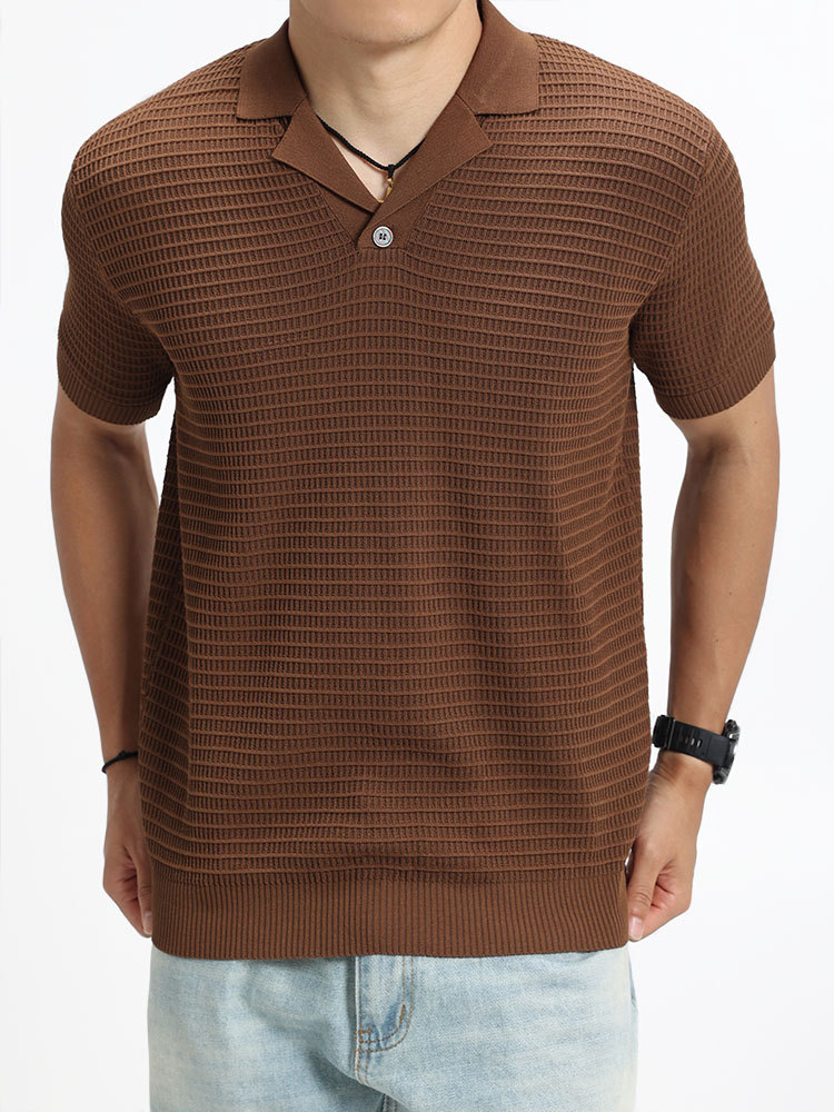 2026 nuevo viejo dinero hombre waffle polo camisa de punto hombre con solapa de manga corta de alto nivel de negocios casual hombre