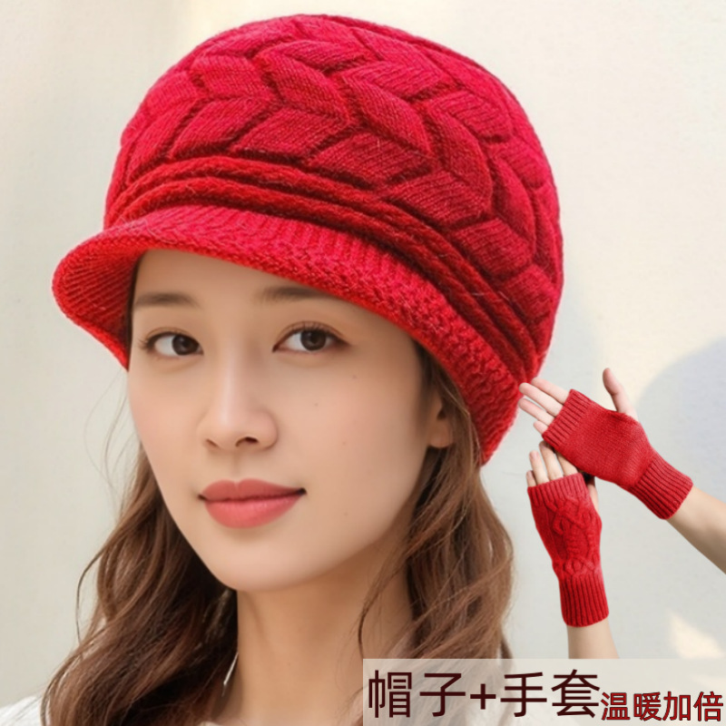 秋冬季跨境帽子女士时尚帽檐贝雷帽加绒加厚妈妈帽保暖针织毛线帽|undefined