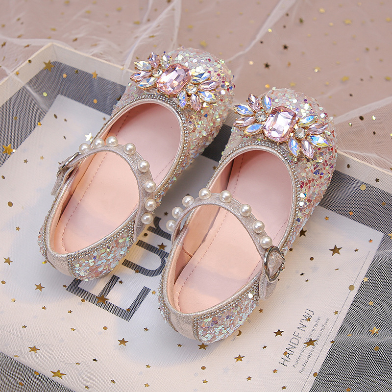 Girls' Elsa Crystal Princess Shoes 2026 Spring New Bowknot Children's Baby Leather Shoes Soft Sole Rhinestone Single Shoes