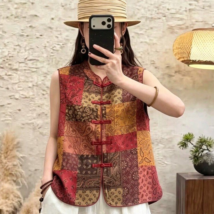 Retro Chinese-style patchwork printed vest, new Chinese-style button-up stand-up collar waistcoat, loose-fitting slimming sleeveless outer vest