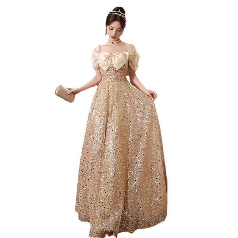 Golden evening dress, elite skirt, open shoulders, high-quality style
