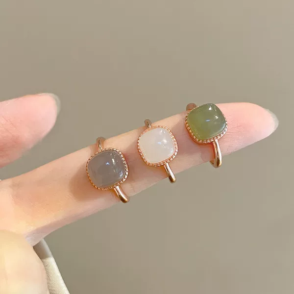 Imitation Hetian jade small square sugar ring female niche design simple white jade index finger ring opening adjustable ring