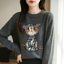 法式卡通猫咪图案圆领针织衫女灰色长袖加厚保暖打底毛衣可爱风冬