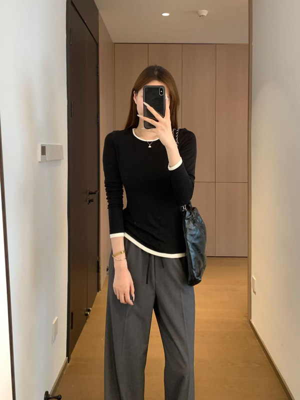 Tencel Wool Cashmere Material Is Soft and Waxy, Skin-Friendly Round Neck Contrasting Fake Two-Piece Slimming Look Bottoming Shirt T-Shirt G091711