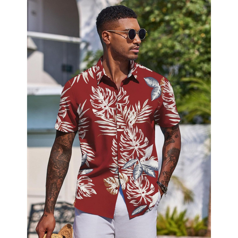 2026 Hot-Selling Amazon Men's Hawaiian Short-Sleeved Shirt with Tropical Floral Print for Summer Beach Casual Wear