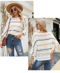 product - wholesale Loose Women Top Striped Knitwear off-Neck Hollow Out Hollow Out Cutout-out Knitted Sweater - 6