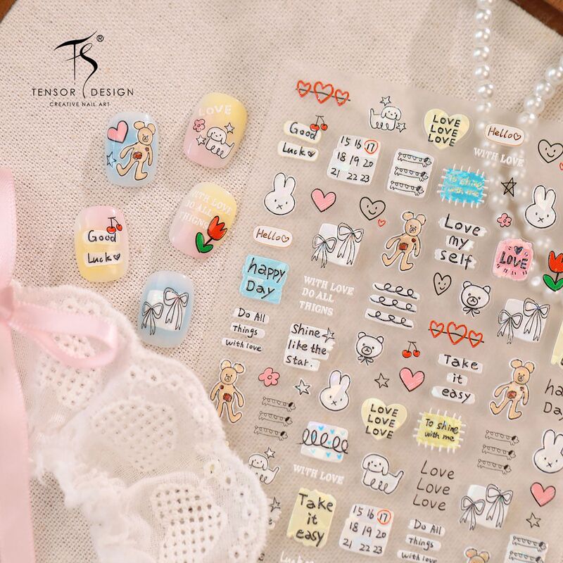 Korean-Style Cream-Colored Bear Heart Nail Stickers M1481 Niche Artistic English Graffiti Nail Decals Korean-Style Cream-Colored Bear Heart Nail Stickers M1481 Niche Artistic English Graffiti Nail Decals