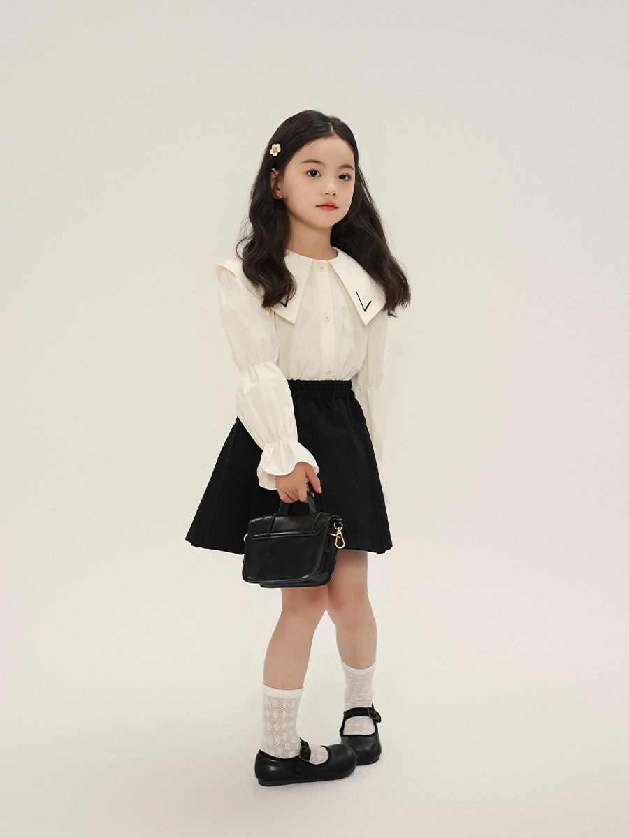 Estilo coreano dulce estilo solapa puff manga camisa de las niñas 2024 primavera nuevos niños todo-fósforo color sólido bebé camisa