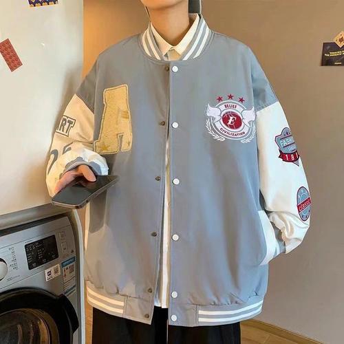 Autumn Baseball Jacket with Embroidered Letter Print Men's Loose Couple's Outfit Youth Student Long-Sleeve Jacket
