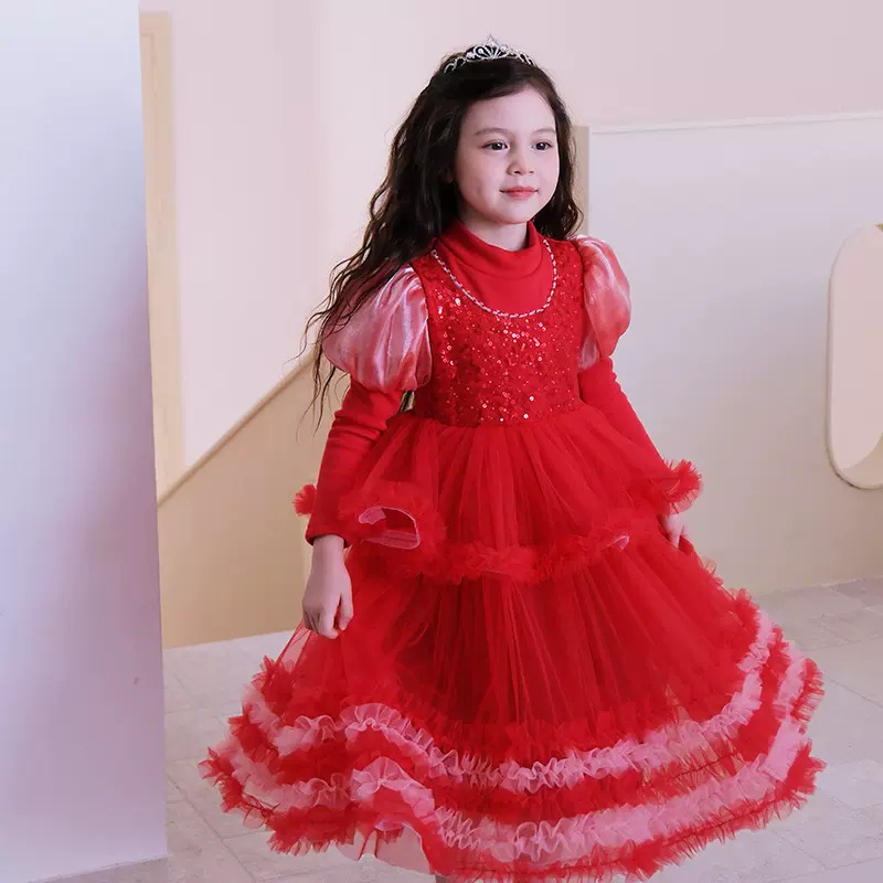 【结业清仓】不退换小女孩洋气圣诞裙女童连衣裙秋冬加绒红色半高