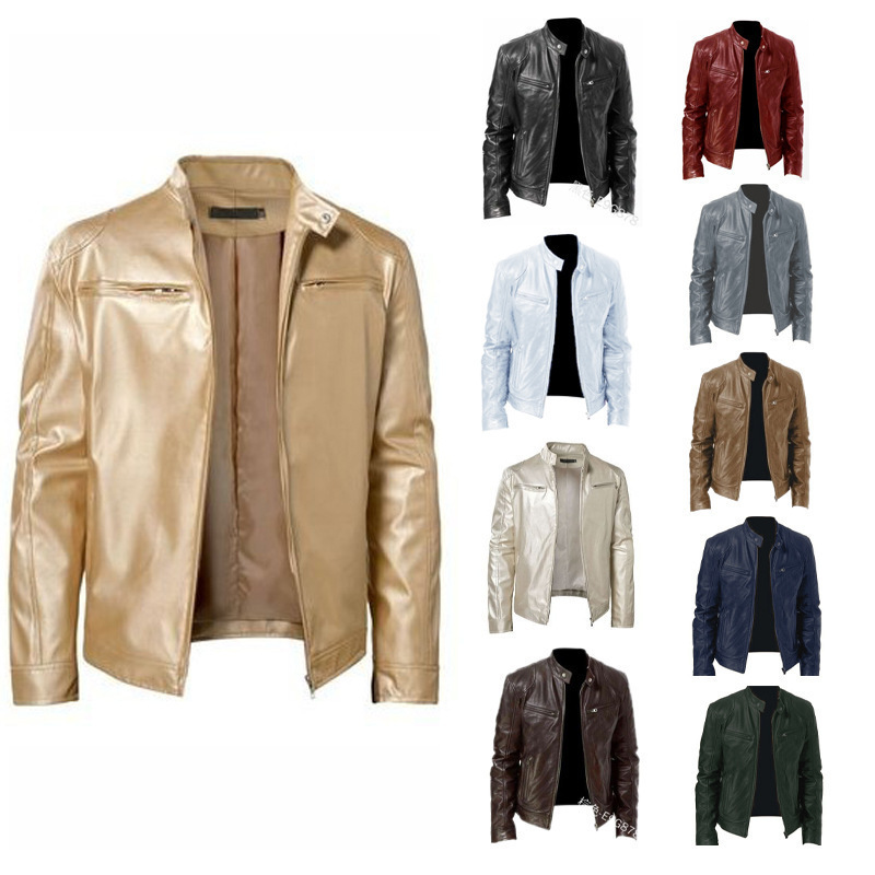 Winter Business Gentleman's Warm Zip-Up Leather Jacket with Pocket Decoration, Pu Leather, Stand Collar, Slim Fit P55