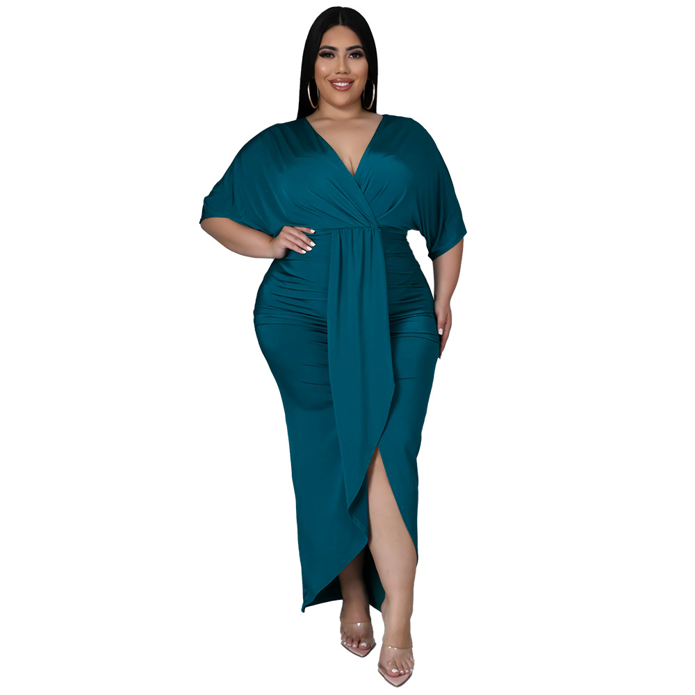 2022 primavera europea y americana nueva moda más el tamaño de las mujeres de comercio exterior sexy discoteca irregular split vestido con cuello en V