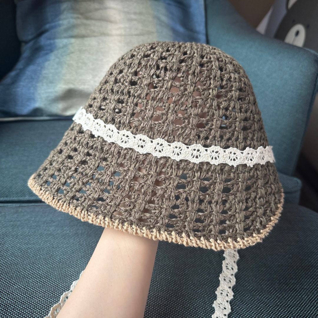 New Style Fresh Lace-Trimmed Tie-Up Fisherman Hat for Women, Korean and Japanese Style, Wide Front and Narrow Back, Makes Face Look Smaller, Sun Protection