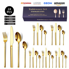 Amazonクロスボーダーベストセラー製品ナイトステンレス食器セットホテル洋食金メッキステーキナイフ、フォーク、スプーン