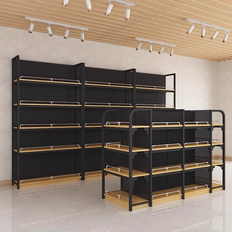 Estantes de supermercado de madera de acero estantes de exhibición de tablero de agujero tiendas de conveniencia papelería tiendas de bebés y tabaco estantes de exhibición de bocadillos multicapa