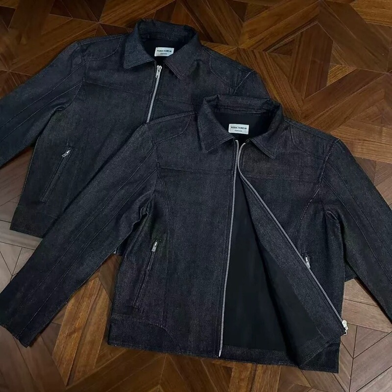 Trendy high-ounce raw denim patchwork multi-panel slim-fit jacket with a clean, sharp shoulder design Trendy high-ounce raw denim patchwork multi-panel slim-fit jacket with a clean, sharp shoulder design