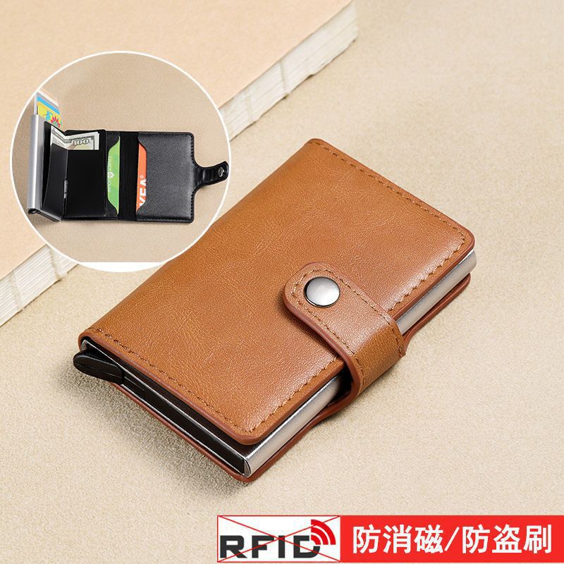 2024 nuevo cepillo antirrobo RFID titular de la tarjeta de cuero de aluminio automático pop-up titular de la tarjeta billetera de dos en uno de almacenamiento
