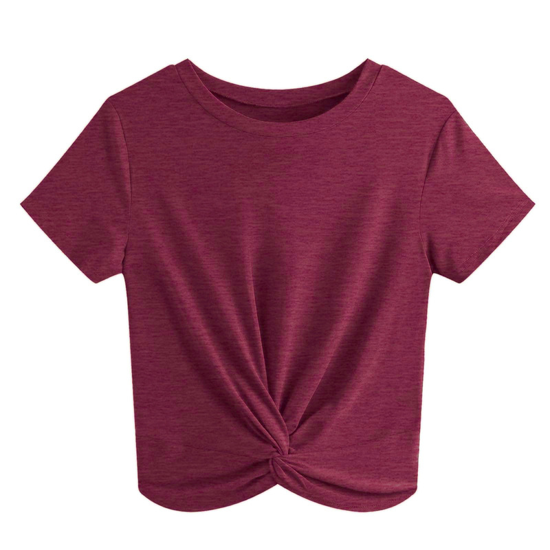 Summer Solid Color Round Neck Knotted Cross-Over Slim Fit Cropped Short-Sleeve T-Shirt for Women Versatile Short Top High-Waisted Top Summer Solid Color Round Neck Knotted Cross-Over Slim Fit Cropped Short-Sleeve T-Shirt for Women Versatile Short Top High-Waisted Top