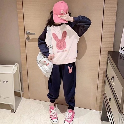 Girls' set spring and autumn clothes for children's sports clothes fashionable Korean style trendy medium and large children's hoodies two-piece set 